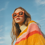 Woman wearing orange sunglasses and a colorful striped sweater against a blue sky background.